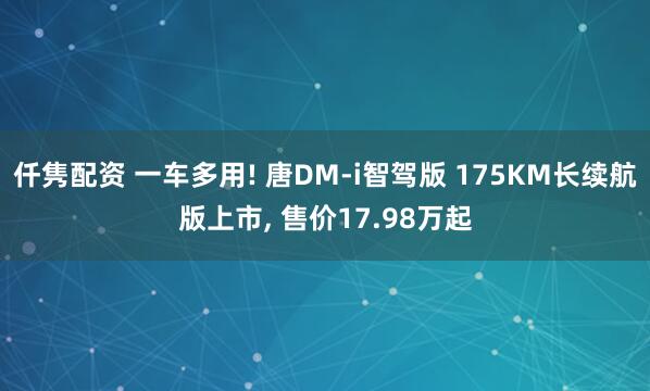 仟隽配资 一车多用! 唐DM-i智驾版 175KM长续航版上市, 售价17.98万起